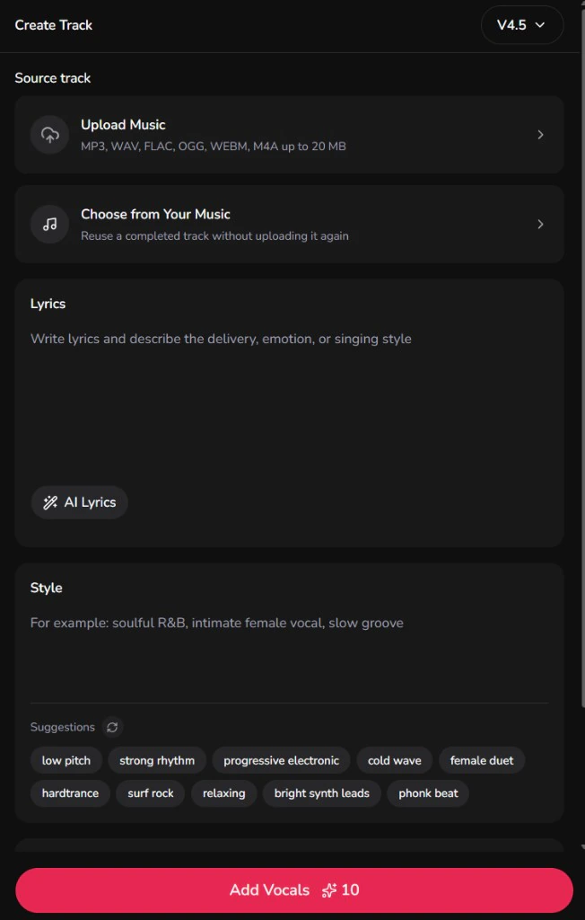 LumiMusic Add Vocals form with source track, lyrics, style, and the V4.5 model selector