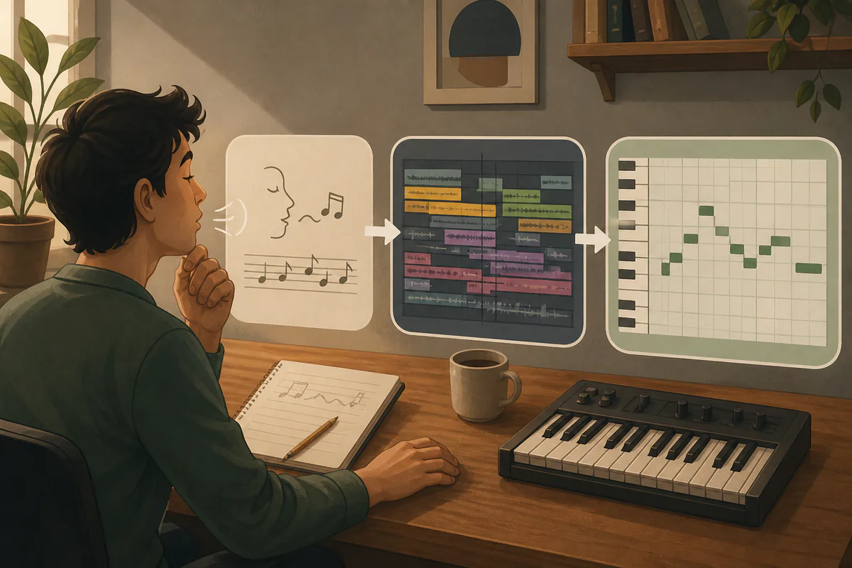 Musician comparing a recorded melody with editable MIDI notes