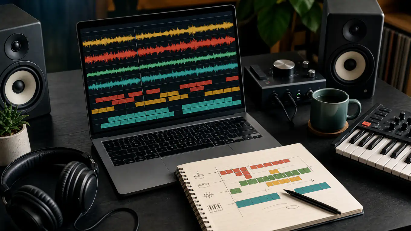 Music producer planning a remix with waveforms, stems, and arrangement notes