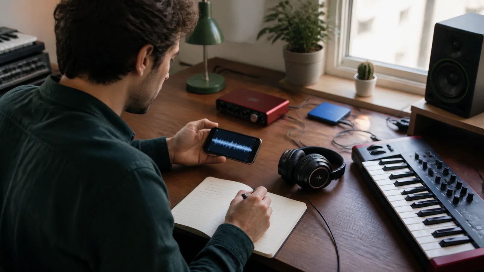 Songwriter reviewing a voice memo beside a notebook and MIDI keyboard