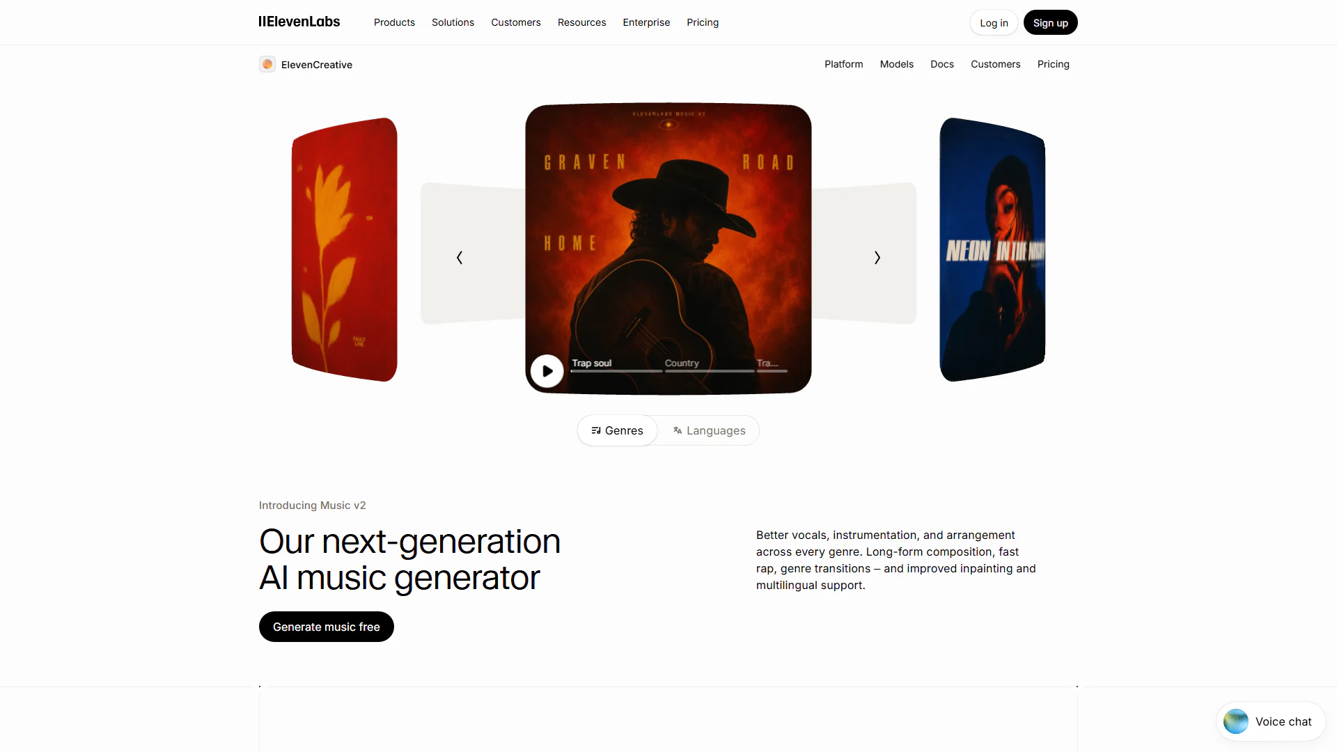ElevenLabs Music homepage showing Music v2 album covers and genre tags