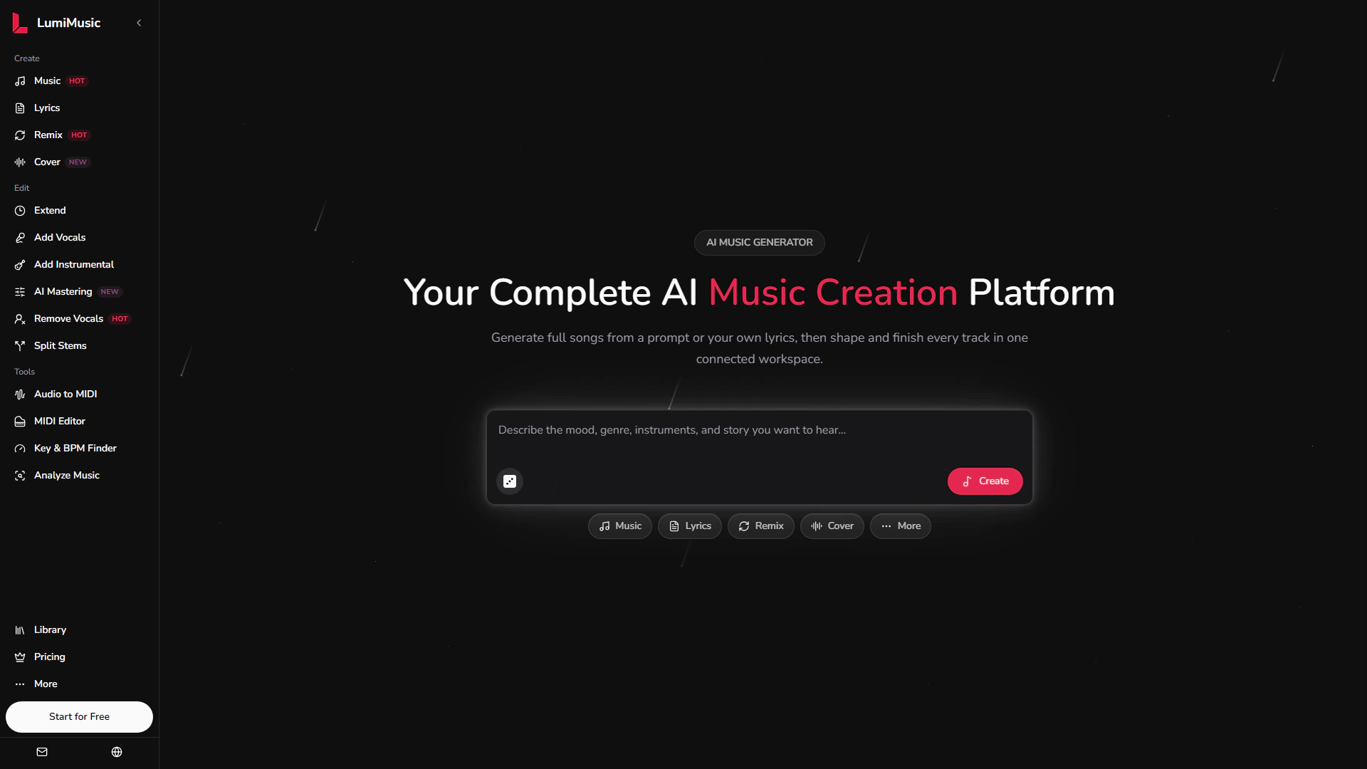 LumiMusic homepage with the AI music generator prompt and Create and Edit tools in the sidebar