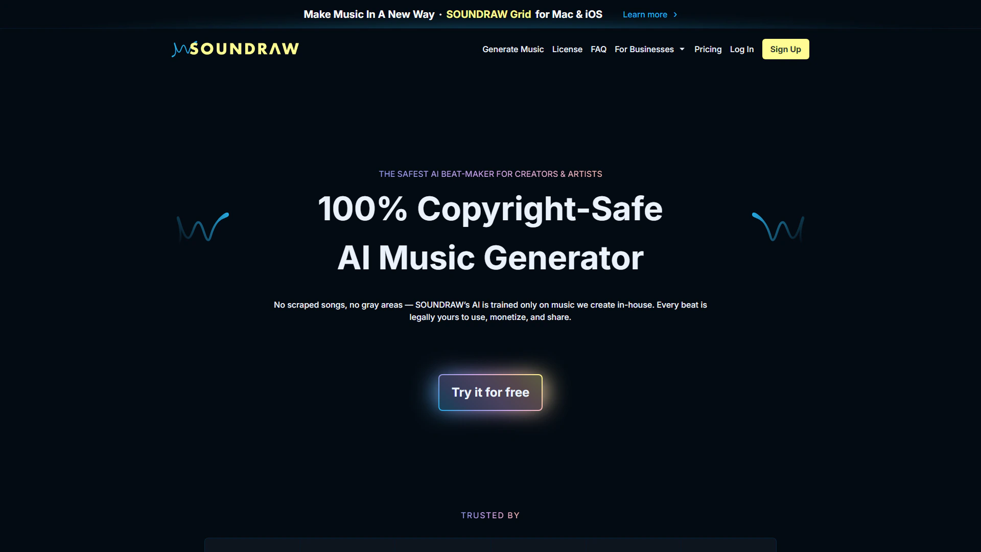 SOUNDRAW homepage hero calling it a 100 percent copyright-safe AI music generator
