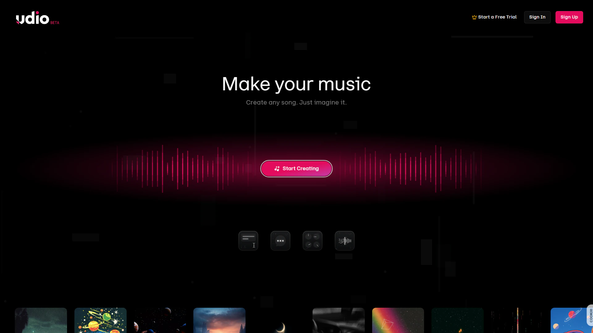 Udio homepage hero with the headline Make your music and a Start Creating button