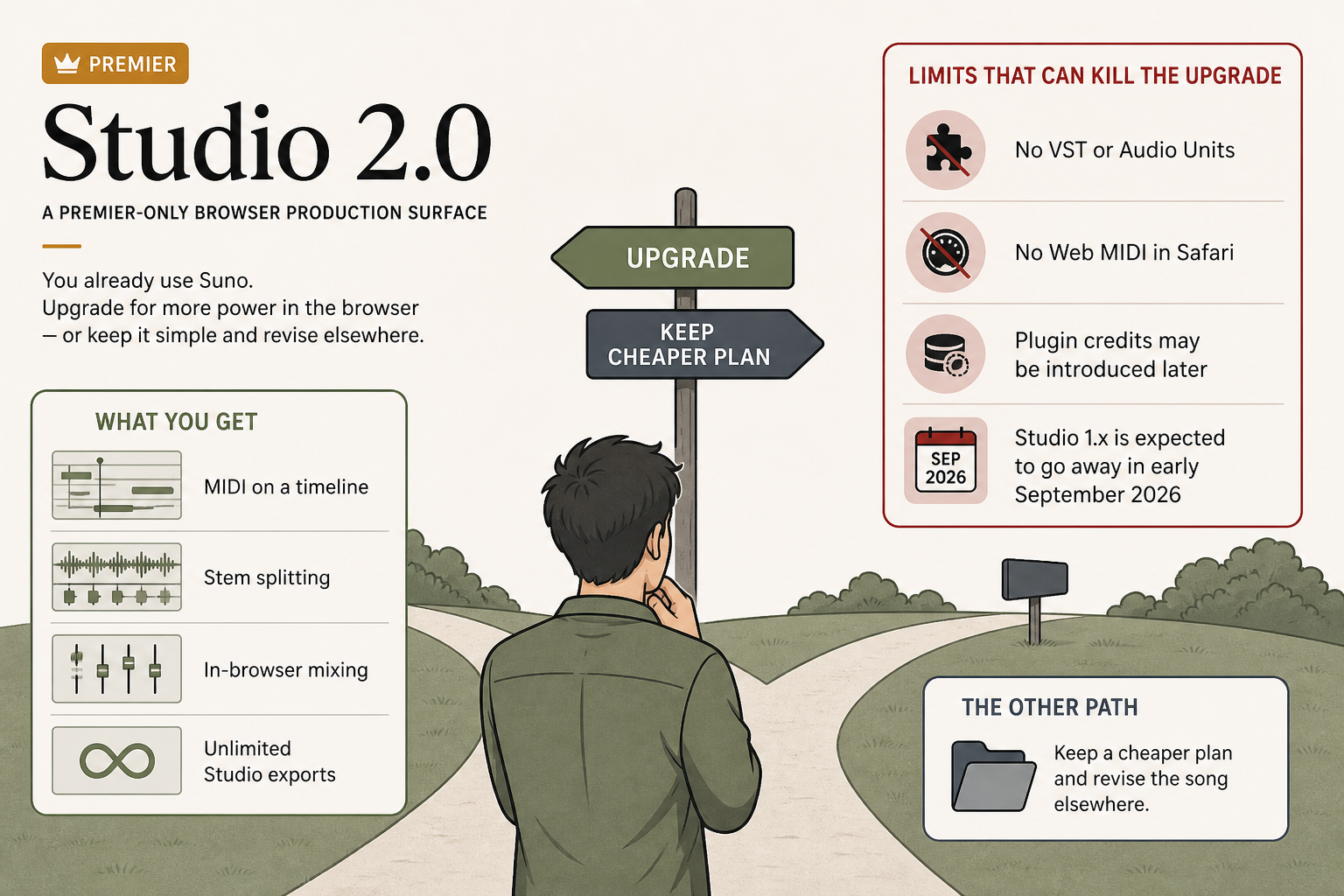 Creator choosing between mixing a song in a browser studio and leaving a cheaper generation plan unchanged